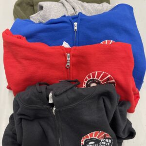 zip-up hoodies in green, grey, blue, red, and black