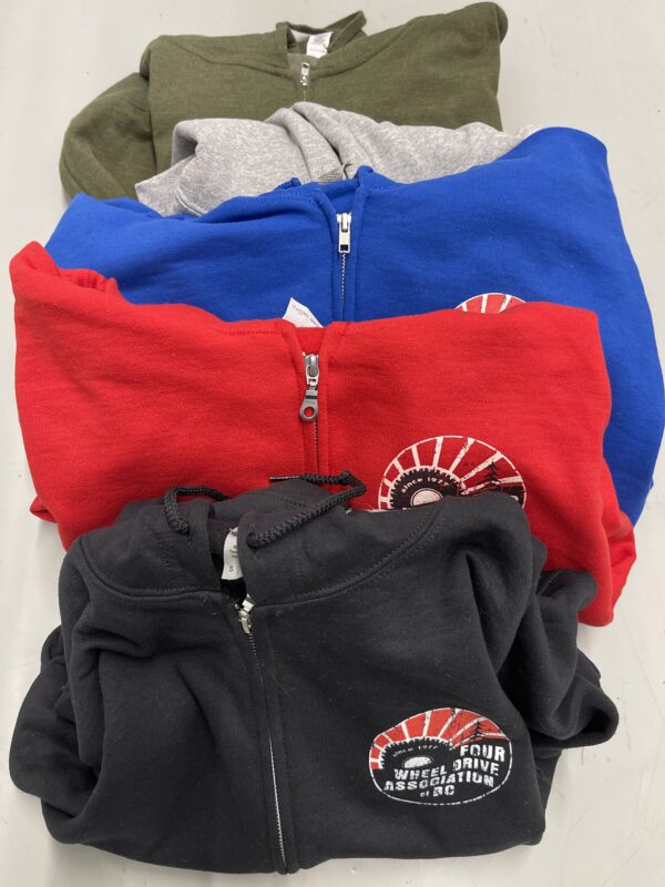 zip-up hoodies in green, grey, blue, red, and black